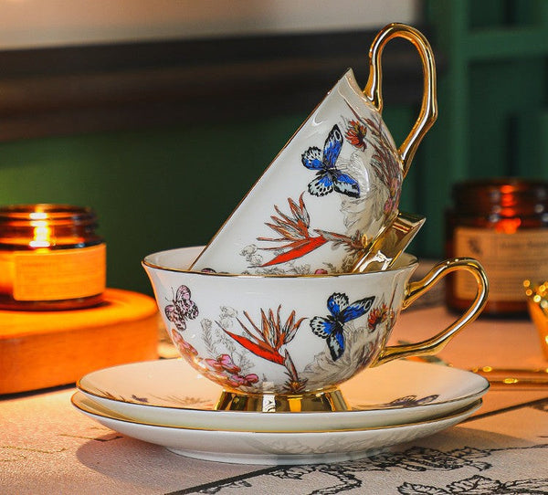 British Afternoon Tea Cup and Saucer Set, Ceramic Coffee Cups in Gift Box, Butterfly Pattern Porcelain Tea Cup and Saucer Set-HomePaintingDecor