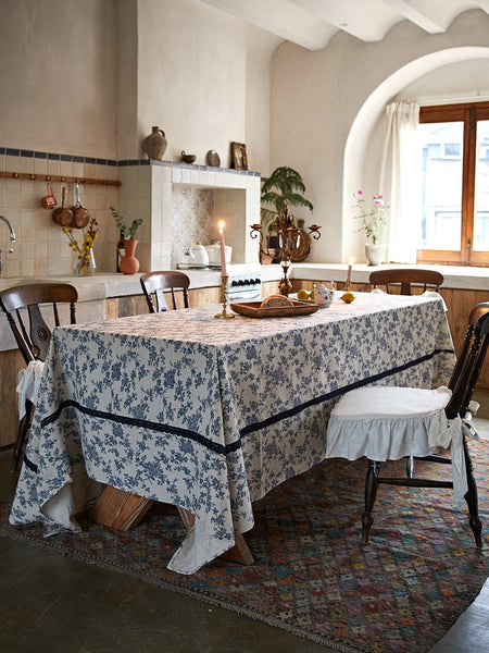 Extra Large Vintage Rectangle Tablecloth for Dining Room Table, Rustic Farmhouse Table Cover for Kitchen, French Flower Pattern Tablecloth for Round Table-HomePaintingDecor