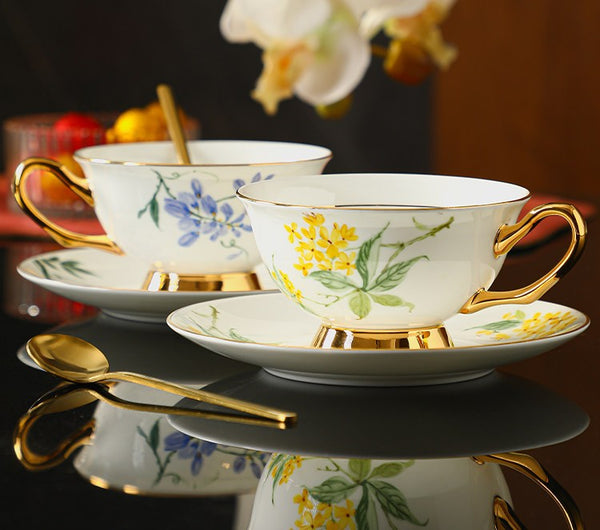 Unique Tea Cup and Saucer in Gift Box, Floral Ceramic Coffee Cup with Saucer, 7.4 oz British Tea Cup and Saucer, Porcelain Tea Cup Saucer Set-HomePaintingDecor