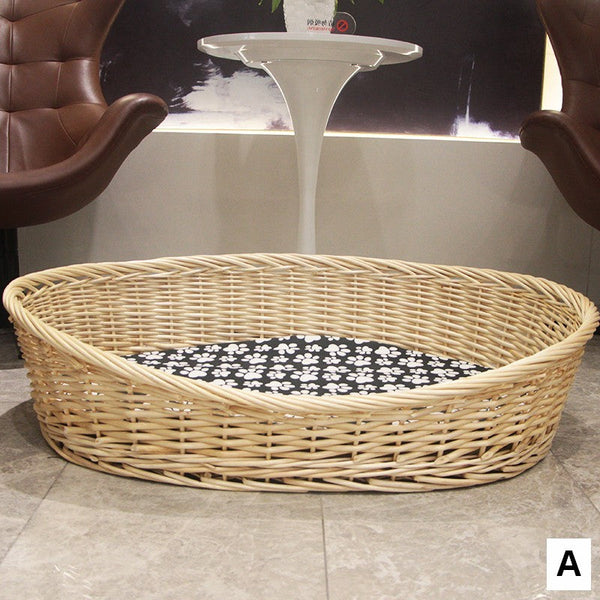 Natural Wicker Dog Bed with Washable Cushion for Indoor Cats and Dogs, Hand woven Rattan Cat Beds-HomePaintingDecor