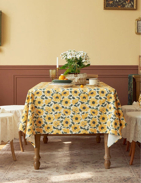 Modern Rectangle Tablecloth for Dining Room Table, Yellow Sunflower Pattern Farmhouse Table Cloth, Square Tablecloth for Round Table-HomePaintingDecor
