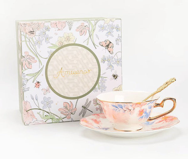 Flower Porcelain Tea Cup Saucer Set, Unique Tea Cup and Saucer in Gift Box,British Royal Ceramic Cups for Traditional Afternoon Tea, Elegant Ceramic Coffee Cups-HomePaintingDecor