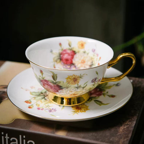 Elegant Rose Flower Ceramic Cups, Unique Royal Coffee Cup and Saucer, Creative Bone China Porcelain Tea Cup Set, Beautiful British Tea Cups-HomePaintingDecor