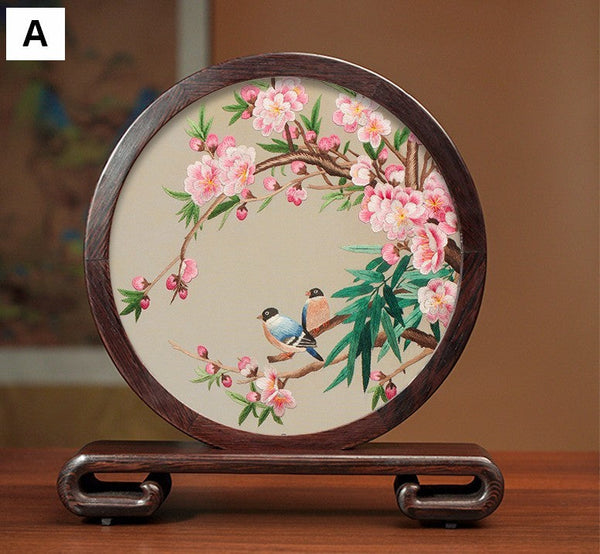 Flower and Bird Embroidery Ornaments, Unique Birthday Gift, Traditional Chinese Suzhou Silk Embroidered Ornament, Premium Souvenir, Exclusive Business Presents-HomePaintingDecor