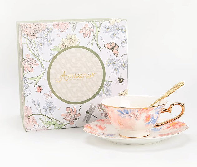 Flower Bone China Porcelain Tea Cup Set, Unique Tea Cup and Saucer in Gift Box,British Royal Ceramic Cups for Afternoon Tea, Elegant Ceramic Coffee Cups-HomePaintingDecor