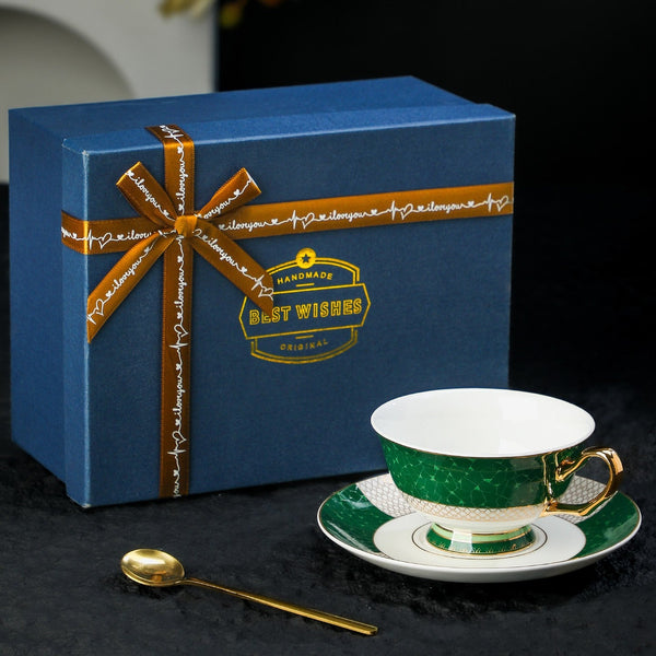 British Ceramic Tea Cup and Saucer Set, Elegant Green Coffee Cups, British Royal Tea Cup and Saucer Set in Gift Box, Porcelain Tea Cup and Saucer Set-HomePaintingDecor