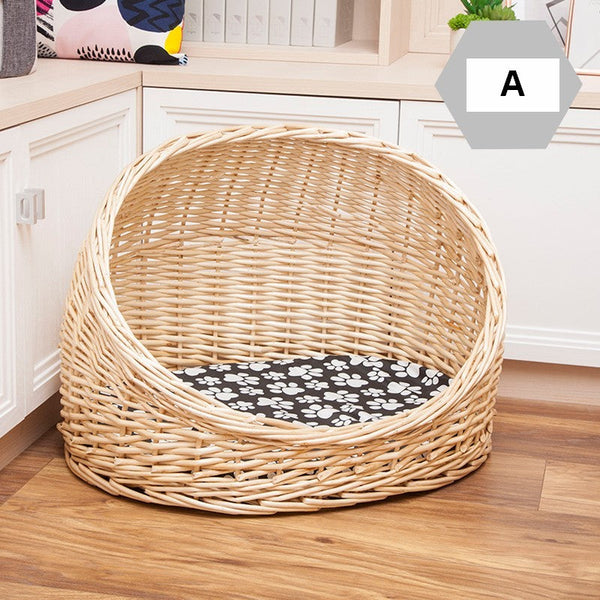 Natural Wicker Cat House Basket with Washable Cushion for Indoor Cats and Dogs, Hand woven Rattan Cat Bed-HomePaintingDecor