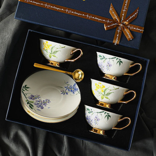 Unique Tea Cup and Saucer in Gift Box, Floral Ceramic Coffee Cup with Saucer, Beautiful British Tea Cup and Saucer, Porcelain Tea Cup Saucer Set-HomePaintingDecor