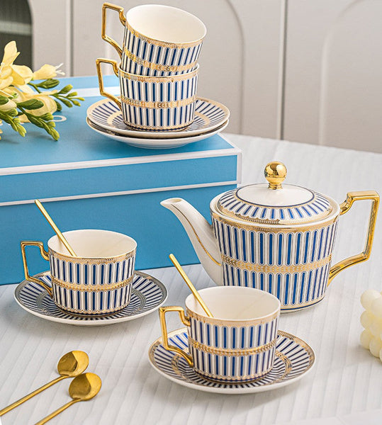 Traditional Afternoon Tea, Modern Coffee Cup with Saucer, 7.4 oz Ceramic Tea Cup and Saucer Set of 4 cups with Teapot, 7.4 oz Porcelain Tea Cup and Saucer Set, British Tea Cup Set-HomePaintingDecor