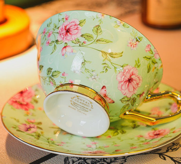 Floral Ceramic Coffee Cup with Saucer Set of 2 Cups, Creative Porcelain Tea Cup Saucer Set, 6.8 oz Tea Cup and Saucer in Gift Box, Beautiful British Tea Cup and Saucer-HomePaintingDecor