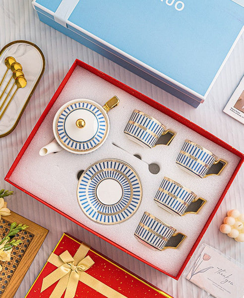 Traditional Afternoon Tea, Modern Coffee Cup with Saucer, 7.4 oz Ceramic Tea Cup and Saucer Set of 4 cups with Teapot, 7.4 oz Porcelain Tea Cup and Saucer Set, British Tea Cup Set-HomePaintingDecor