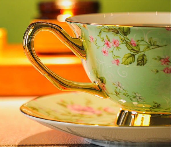 Floral Porcelain Tea Cup and Saucer Set, Afternoon British Tea Cup with Saucer, Traditional English Tea Cup and Saucer Set, Ceramic Coffee Cup with Saucer-HomePaintingDecor