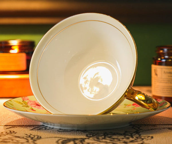 Floral Porcelain Tea Cup and Saucer Set, Afternoon British Tea Cup with Saucer, Traditional English Tea Cup and Saucer Set, Ceramic Coffee Cup with Saucer-HomePaintingDecor