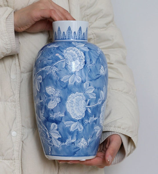 Centerpiece Ceramic Bouquet Vases, Handmade Modern Flower Vase, Large Flower Vases on Dining Table, Blue Porcelain Flower Vases-HomePaintingDecor