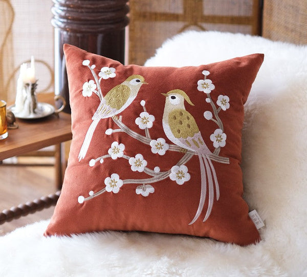 Modern Throw Pillows for Bedroom, Decorative Pillows for Couch, Vintage Decorative Pillows, Embroidered Birds Cushion, Decorative Pillow Arrangement Ideas for Couch-HomePaintingDecor