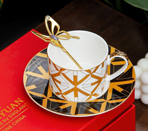 Modern Coffee Cup and Saucer, 8 oz Ceramic Cups, Creative Porcelain Tea Cup Saucer Set, Beautiful British Tea Cups-HomePaintingDecor