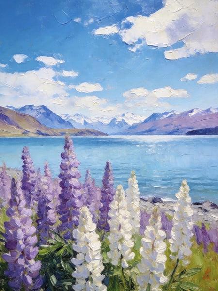 Lupines in Full Bloom by the Lake, Hand Painted Canvas Art, Small Oil Paintings, Original Canvas Paintings, Landscape Paintings for Bedroom, Buy Paintings Online-HomePaintingDecor