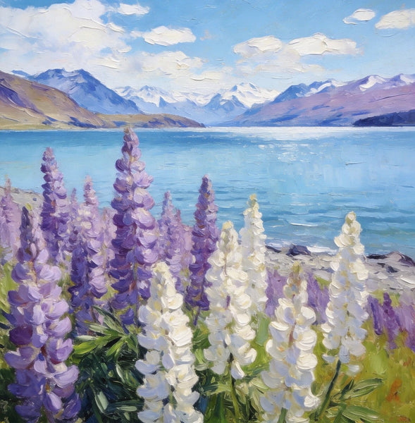 Lupines in Full Bloom by the Lake, Hand Painted Canvas Art, Small Oil Paintings, Original Canvas Paintings, Landscape Paintings for Bedroom, Buy Paintings Online-HomePaintingDecor