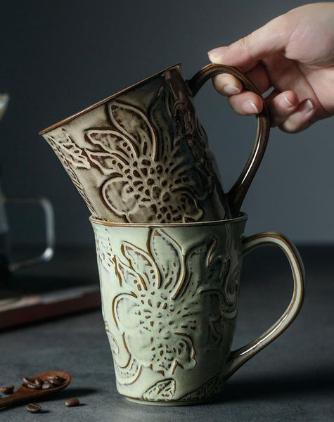 Green Ceramic Coffee Mug, Birthday Gifts, Stoneware Coffee Mugs, Handmade Pottery Coffee Mug, Large Capacity Coffee Cups-HomePaintingDecor