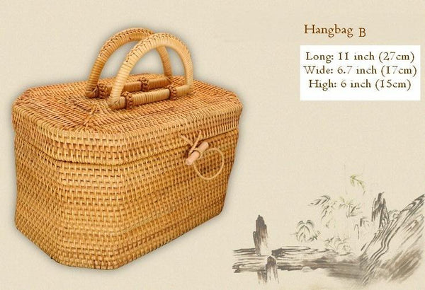 Rattan Wicker Serving Basket, Storage Baskets for Picnic, Kitchen Storage Baskets, Woven Storage Baskets with Lid-HomePaintingDecor