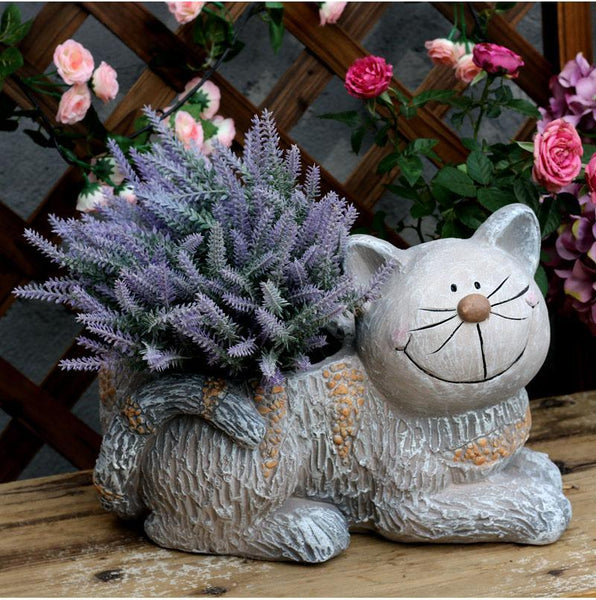 Large Cat Statue, Sitting Cat Flower Pot Statue, Pet Statue for Garden Courtyard Ornaments, Villa Outdoor Decor Gardening Ideas-HomePaintingDecor
