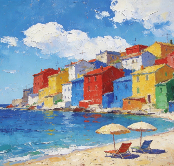 Small Landscape Paintings on Canvas, Coastal Town Charming Landscape, Landscape Canvas Paintings, Hand Painted Canvas Art, Heavy Texture Oil Paintings, Original Oil Paintings-HomePaintingDecor
