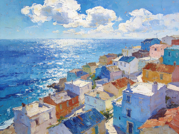 Original Landscape Paintings, Coastal Town Charm, Seashore Paintings, Hand Painted Canvas Art, Small Oil Paintings, Canvas Paintings for Living Room, Buy Paintings Online-HomePaintingDecor