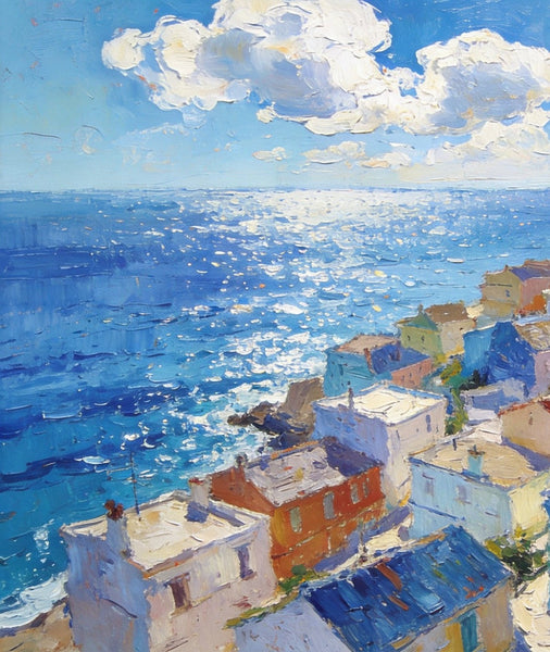 Original Landscape Paintings, Coastal Town Charm, Seashore Paintings, Hand Painted Canvas Art, Small Oil Paintings, Canvas Paintings for Living Room, Buy Paintings Online-HomePaintingDecor