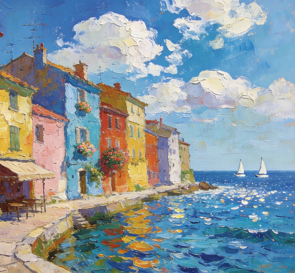 Canvas Paintings for Living Room, Coatal Town Beauty Spot, Hand Painted Canvas Art, BuyOil Paintings Online, Small Wall Art Paintings, Original Landscape Paintings-HomePaintingDecor