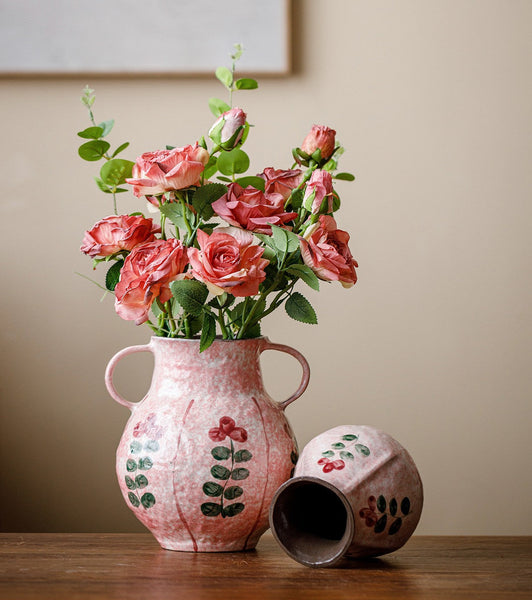 Handmade Water Holding Flower Vases, Rustic Pottery Flower Vases, Small Flower Vases on Table, Pink Bud Vases-HomePaintingDecor