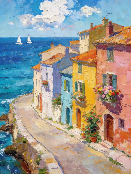 The Beauty of a Small Seaside Town, Original Landscape Art, Buy Original Paintings, Hand Painted Canvas Art, Small Paintings On Canvas, Heavy Texture Wall Art Paintings-HomePaintingDecor