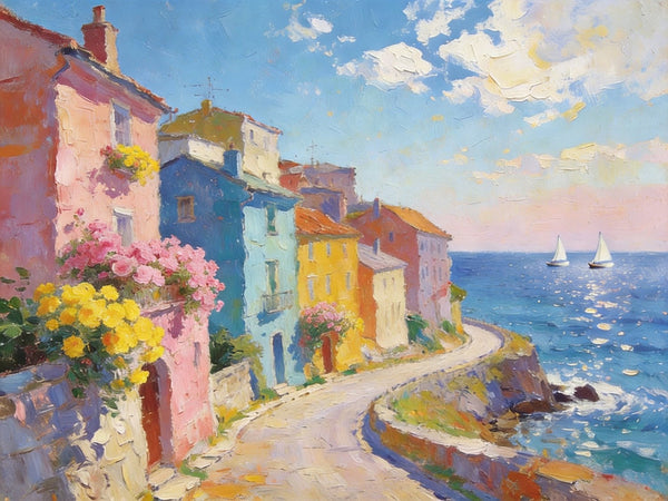 Original Landscape Paintings, Coastal Town Tranquility, Summer Resort Paintings, Hand Painted Canvas Art, Heavy Texture Artwork, Small Oil Paintings, Buy Painting Online-HomePaintingDecor