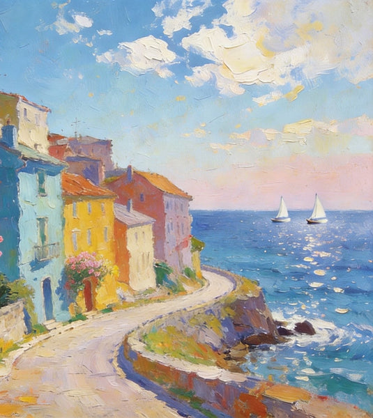 Original Landscape Paintings, Coastal Town Tranquility, Summer Resort Paintings, Hand Painted Canvas Art, Heavy Texture Artwork, Small Oil Paintings, Buy Painting Online-HomePaintingDecor