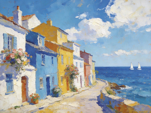 Heavy Texture Artwork, Seaside Town Serene Moment, Small Oil Paintings, Buy Painting Online, Original Landscape Paintings, Hand Painted Canvas Art-HomePaintingDecor