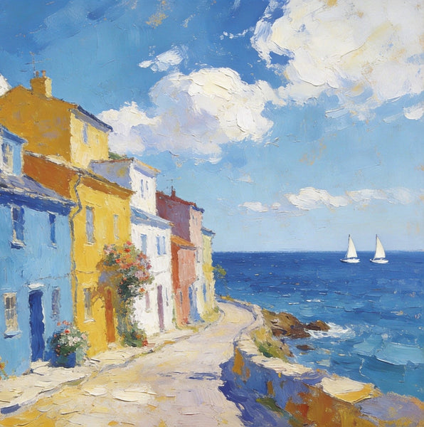 Heavy Texture Artwork, Seaside Town Serene Moment, Small Oil Paintings, Buy Painting Online, Original Landscape Paintings, Hand Painted Canvas Art-HomePaintingDecor