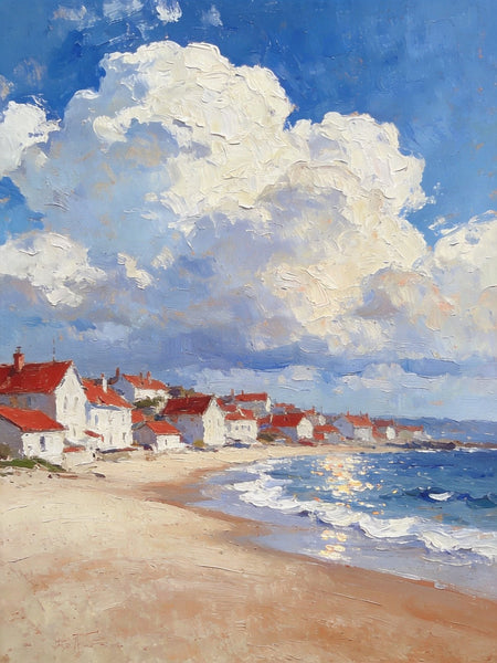 Landscape Oil Paintings, Sandy Seaside Village, Canvas Paintings for Living Room, Small Original Paintings, Hand Painted Canvas Art-HomePaintingDecor