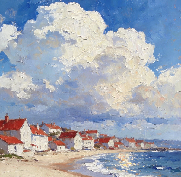 Landscape Oil Paintings, Sandy Seaside Village, Canvas Paintings for Living Room, Small Original Paintings, Hand Painted Canvas Art-HomePaintingDecor