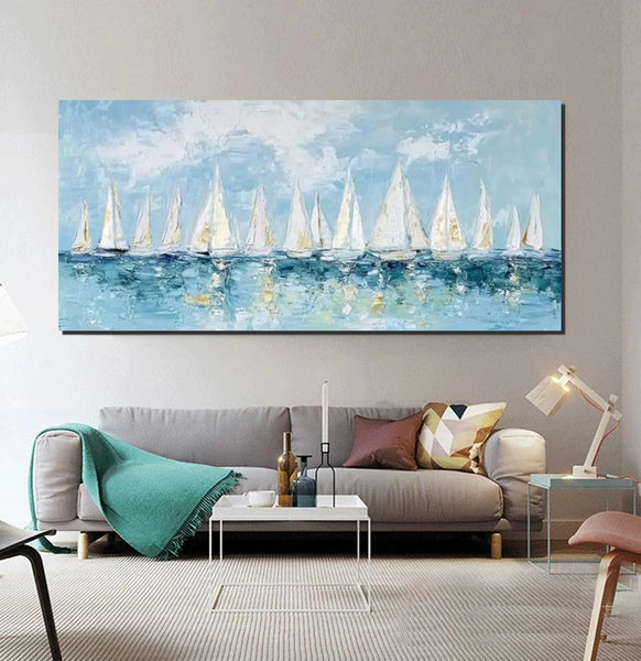 Large Wall Art Ideas for Living Room, Paintings for Living Room, Acrylic Painting on Canvas, Modern Paintings for Bedroom, Sail Boat Painting, Original Canvas Art-HomePaintingDecor