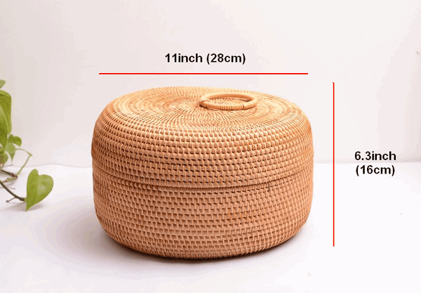Rattan Basket, Storage Basket with Lid, Woven Basket for Kitchen, Storage Basket for Dining Room, Round Storage Basket-HomePaintingDecor