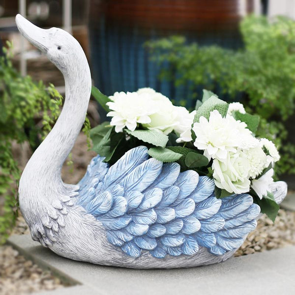 Large Blue Swan Flower Pot, Animal Statue for Garden Ornament, Swan Lovers Statues, Villa Courtyard Decor, Outdoor Decoration Ideas, Garden Ideas-HomePaintingDecor