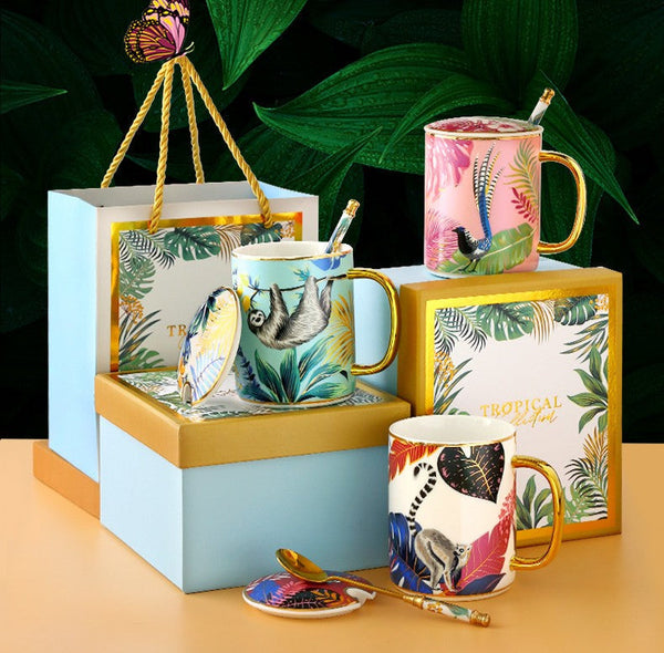 Peacock Porcelain Cups, Large Capacity Jungle Animal Porcelain Mugs, Unique Ceramic Mugs in Gift Box, Creative Ceramic Mugs for Office-HomePaintingDecor