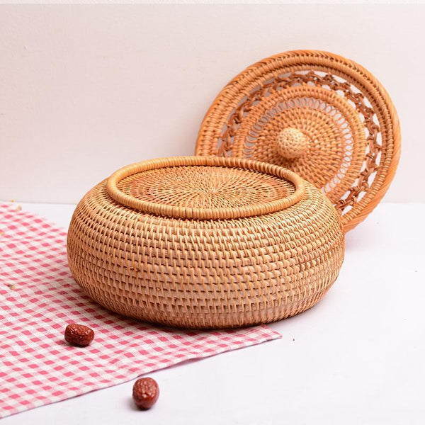 Woven Storage Basket with Lid, Rattan Round Storage Basket, Storage Basket for Kitchen, Picnic Storage Basket-HomePaintingDecor