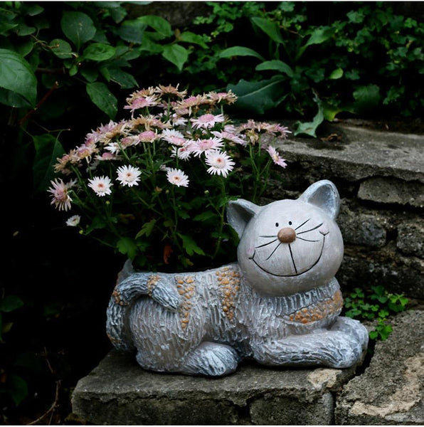 Large Cat Statue, Sitting Cat Flower Pot Statue, Pet Statue for Garden Courtyard Ornaments, Villa Outdoor Decor Gardening Ideas-HomePaintingDecor