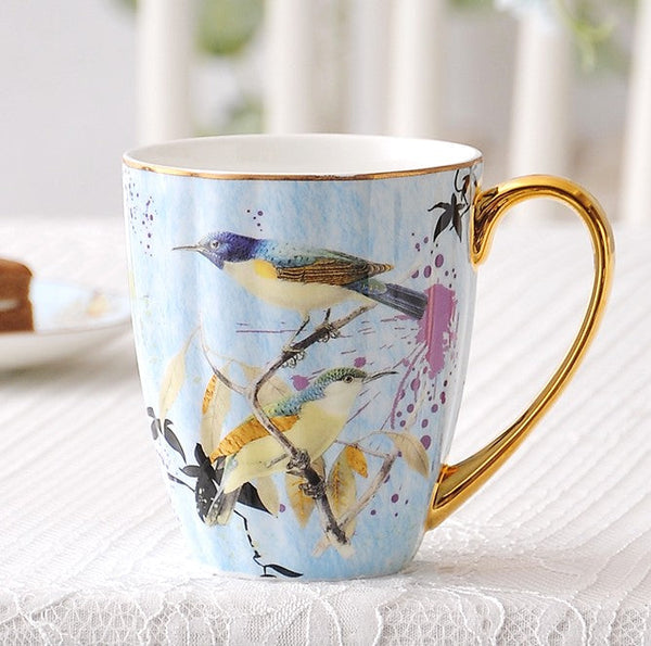 Large Creative Porcelain Mug, Elegant Blue Ceramic Coffee Mug, Beautiful Bird Flower Ceramic Mug, Large Capacity Ceramic Mugs for Office-HomePaintingDecor