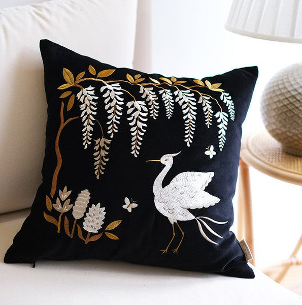 Decorative Pillow Arrangement Ideas for Bed, Embroidered Egret Cushion, Vintage Decorative Pillows, Luxury Decorative Pillows for Couch, Modern Throw Pillows for Couch-HomePaintingDecor