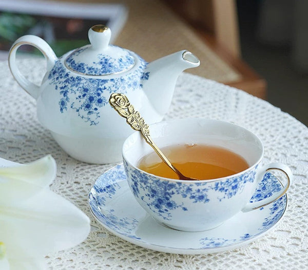 Mother and Baby Teapot with Matching Saucer British Style Porcelain Teapot with Matching Cup and Saucer in Gift Box, Ceramic Tea Pot with Integrated Cup, Stackable Teapot and Cup Set-HomePaintingDecor