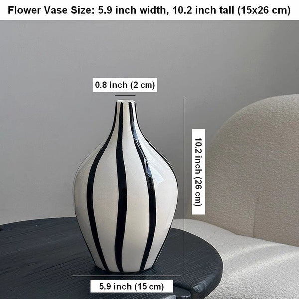 Water Holding Flower Vases, Black and White Striped Ceramic Vase, Porcelain Flower Vases, Modern Flower Vases on Table-HomePaintingDecor
