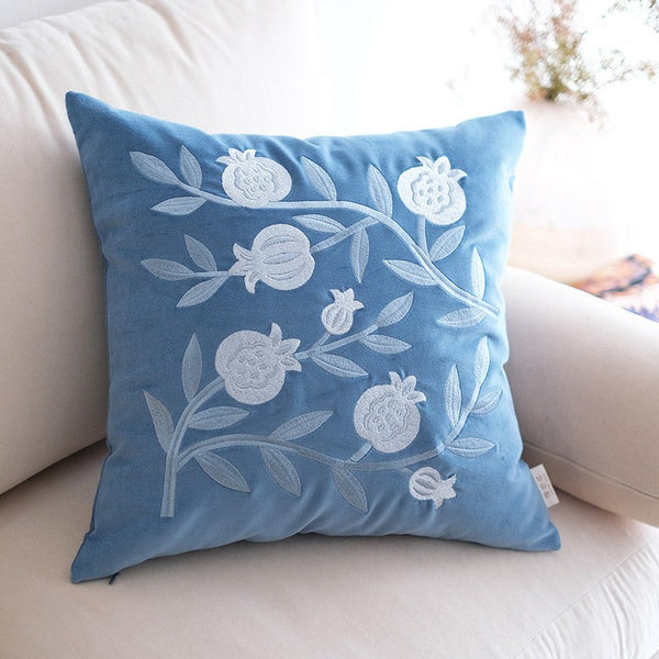 Living Room Decorative Pillows, Blue Embroidered Pomegranate Cushion, Large Decorative Pillows for Couch, Modern Throw Pillows for Bedroom, Decorative Pillow Arrangement Ideas for Couch-HomePaintingDecor