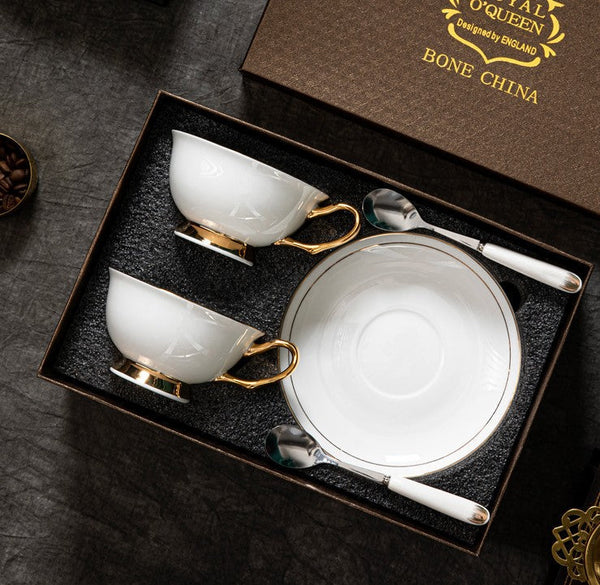 White Ceramic Cups, Elegant British Ceramic Coffee Cups, 7.8 oz Porcelain Tea Cup Saucer Set, Unique Tea Cup and Saucer in Gift Box-HomePaintingDecor