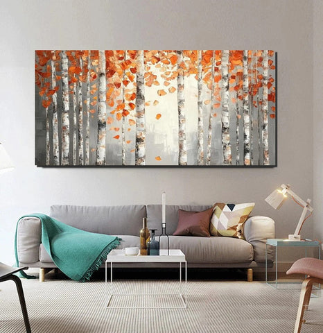 Large Wall Art for Bedroom, Modern Paintings for Living Room, Acrylic Painting on Canvas, Palette Knife Canvas Art, Autumn Birch Tree Painting, Original Canvas Art-HomePaintingDecor